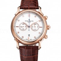 Patek Philippe Chronograph White Dial With Diamonds Rose Gold Case Brown Leather Strap