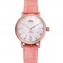 IWC Portofino Moon Phase Silver Dial Rose Gold Case Diamonds Bezel Pink Leather Strap