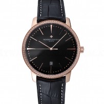 Swiss Vacheron Constantin Patrimony Black Dial Rose Gold Diamonds Case Black Leather Bracelet   1454175