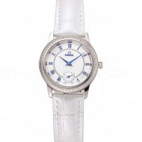 Omega De Ville Prestige Small Seconds White Dial Diamond Bezel Stainless Steel Case White Leather Strap