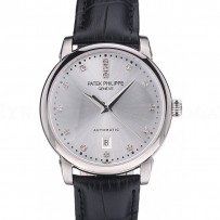 Patek Philippe Swiss Calatrava Polished Bezel Grey Dial Black Leather Strap 7659