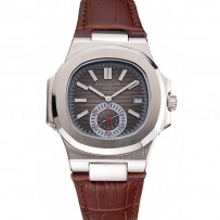 Patek Philippe Nautilus Gray Dial Stainless Steel Case Brown Leather Strap