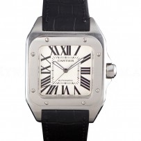 Swiss Cartier Santos Stainless Steel Bezel with Black Leather Strap  621524