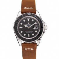 Rolex Yacht Master Black Dial Silver Case Brown Leather Bracelet 1453859