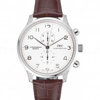 IWC Portugieser Chronograph White Dial Steel Hands And Numerals Steel Case With Diamonds Brown Leather Strap