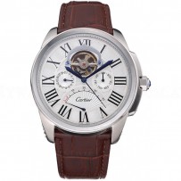 Cartier Calibre Tourbillon White Dial Stainless Steel Case Brown Leather Strap  622750