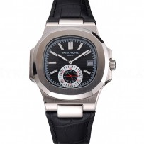 Patek Philippe Nautilus Black Dial Stainless Steel Case Black Leather Strap