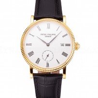 Swiss Patek Philippe Calatrava White Dial Gold Case Fluted Bezel Black Leather Strap