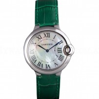 Cartier Ballon Bleu Silver Bezel with Pearl Dial Green Leather Band  621552