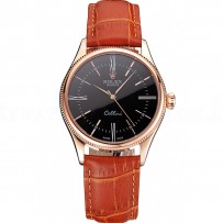 Swiss Rolex Cellini Black Dial Roman Numerals Rose Gold Case Light Brown Leather Strap