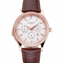 Swiss Patek Philippe Grand Complications Perpetual Calendar White Dial Rose Gold Case Diamond Bezel Brown Leather Strap