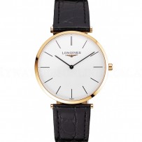 Swiss Longines Grande Classique White Dial Gold Case Black Leather Strap