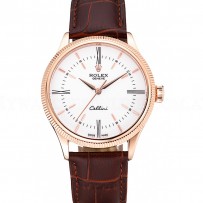 Swiss Rolex Cellini Time Gold Case White Dial Brown Leather Bracelet   622655