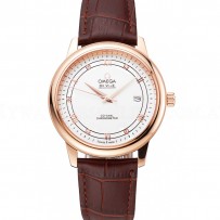Omega De Ville Prestige White Dial Rose Gold Case Brown Leather Strap