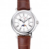 Patek Philippe Perpetual Calendar Retrograde Date White Dial Silver Case Brown Leather Bracelet 1454149