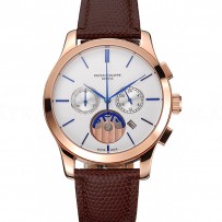 Patek Philippe Chronograph White Dial Rose Gold Case Brown Leather Strap
