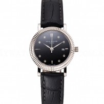 Patek Philippe Calatrava Black Dial Diamond Hour Marks Double Ribbed Bezel Stainless Steel Case Black Leather Strap