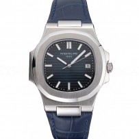 Patek Philippe Nautilus Blue Dial Brushed Stainless Steel Case Blue Leather Strap
