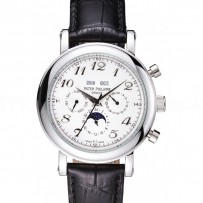 Patek Philippe Grand Complications Moon Phase White Dial Black Leather Bracelet