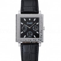 Piaget Emperador Limited Edition Black Dial Engraved Silver Case Black Leather Bracelet  1454136