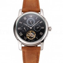 Patek Philippe Grand Complications Day Date Tourbillon Black Dial Numerals Stainless Steel Case Brown Suede Leather Strap 1453816