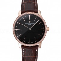 Swiss Vacheron Constantin Patrimony Grand Taille Black Dial Rose Gold Diamonds Case Brown Leather Bracelet  1454174