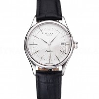 Swiss Rolex Cellini Date White Dial Stainless Steel Case Black Leather Strap