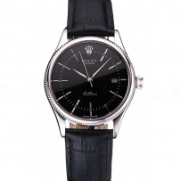 Swiss Rolex Cellini Date Black Dial Stainless Steel Case Black Leather Strap