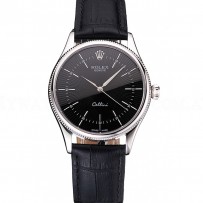 Swiss Rolex Cellini Black Dial Steel Case Black Leather Strap