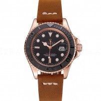 Rolex Yacht Master Black Dial Rose Gold Case Brown Leather Bracelet 1453861