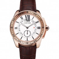 Cartier Calibre De Cartier Small Seconds White Dial Rose Gold Case Brown Leather Strap