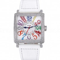 Franck Muller Master Square Color Dreams Diamonds Case White Leather Band  622356