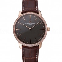Swiss Vacheron Constantin Patrimony Grand Taille Grey Dial Rose Gold Diamonds Case Brown Leather Bracelet  1454172