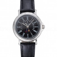 Patek Philippe Perpetual Calendar Retrograde Date Black Dial Engraved Silver Case Black Leather Bracelet 1454146
