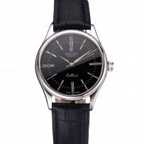 Swiss Rolex Cellini Black Dial Roman Numerals Stainless Steel Case Black Leather Strap