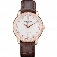 Patek Philippe Swiss Calatrava Ribbed Bezel Grey Dial Brown Leather Strap 7650