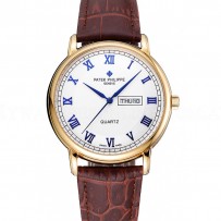 Patek Philippe Calatrava White Dial Blue Roman Numerals Gold Case Brown Leather Bracelet 1454057