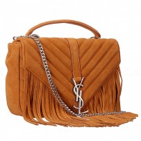 Saint Laurent College Matelasse Medium Fringed Suede Bag Tan
