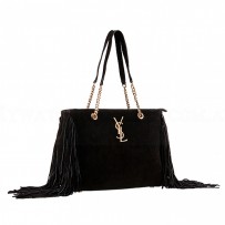 Saint Laurent Monogram Fringe Suede Chain Strap Tote Black