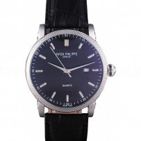 Patek Philipe Calatrava Stainless Steel Ribbed Bezel Black Leather Bracelet 801431