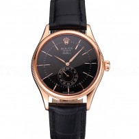 Swiss Rolex Cellini Black Dial Rose Gold Case Black Leather Strap