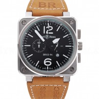 Bell and Ross BR 03-94 Black Dial Silver Case Brown Leather Strap