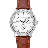 Vacheron Constantin Patrimony Power Reserve White Dial Silver Diamond Case Brown Leather Bracelet  1454266