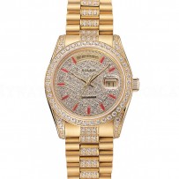 Swiss Rolex Day-Date Red Diamond Pave Dial Gold Diamond Bracelet 1453960