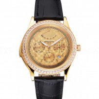 Swiss Patek Philippe Grand Complications Power Reserve Gold Dial And Case Diamond Bezel Black Leather Strap
