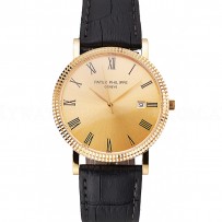 Patek Philippe Calatrava Gold Dial Roman Numerals Ribbed Bezel Gold Case Black Leather Strap