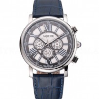 Cartier Rotonde Chronograph Black And White Dial Stainless Steel Case Blue Leather Strap