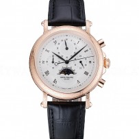 Patek Philippe Grand Complications White Dial Engraved Rose Gold Case Black Leather Bracelet 1454144