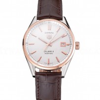 Swiss Tag Heuer Carrera Calibre 5 White Dial Rose Gold Case Brown Leather Strap