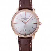 Swiss Vacheron Constantin Patrimony White Dial Rose Gold Diamonds Case Brown Leather Bracelet  1454170